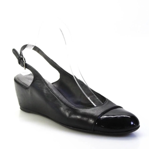 Stuart Weitzman Round toe Leather Slingback Patent leather Cap toe wedges W 10.5 - Picture 1 of 10